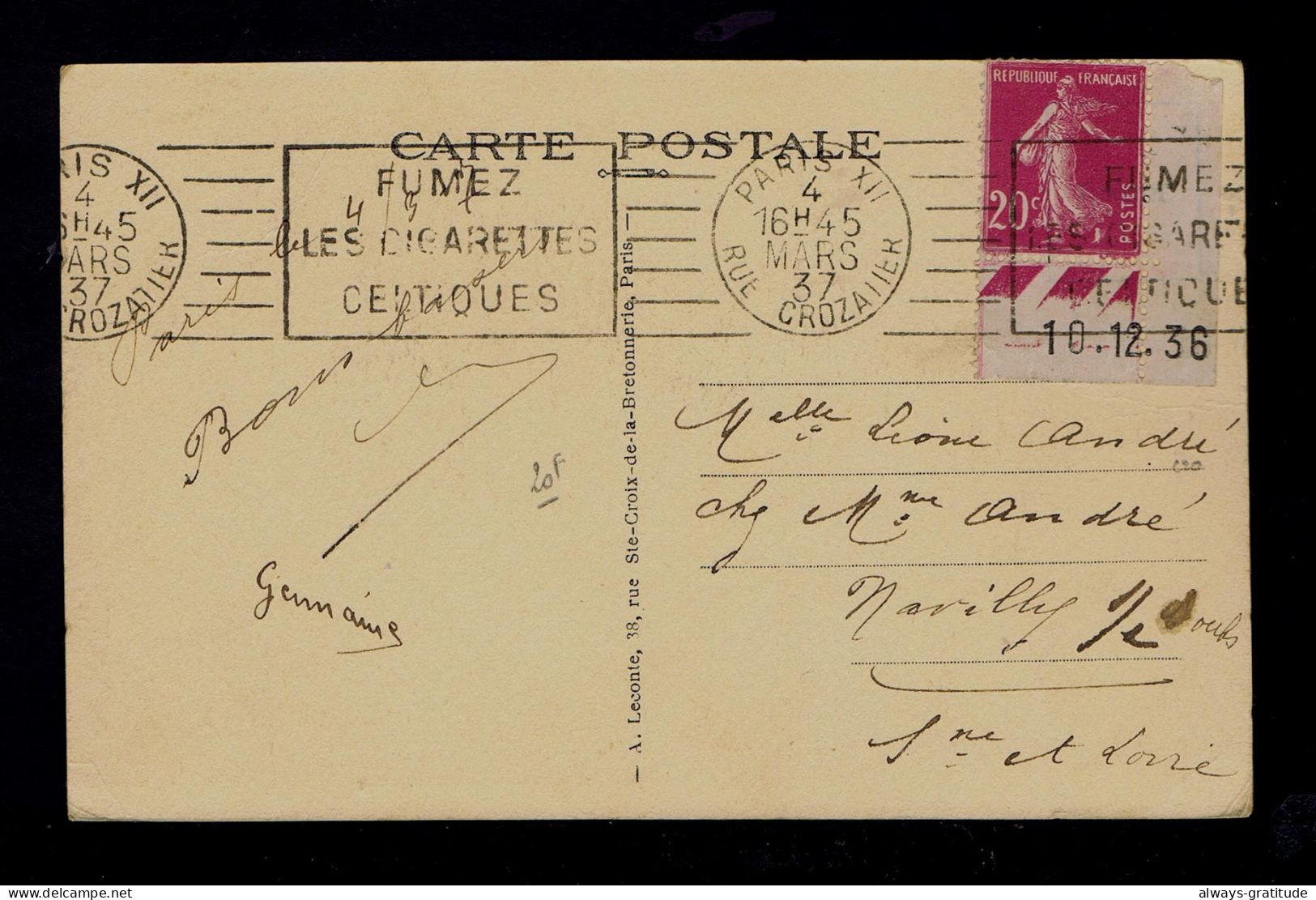 Sp10163 FRANCE Tabac Smoke Tobacco "fumes Les Cigarettes Celtiques" Mailed 1937 Slogan Pmk Postcard Paris »Navilly - Tabac