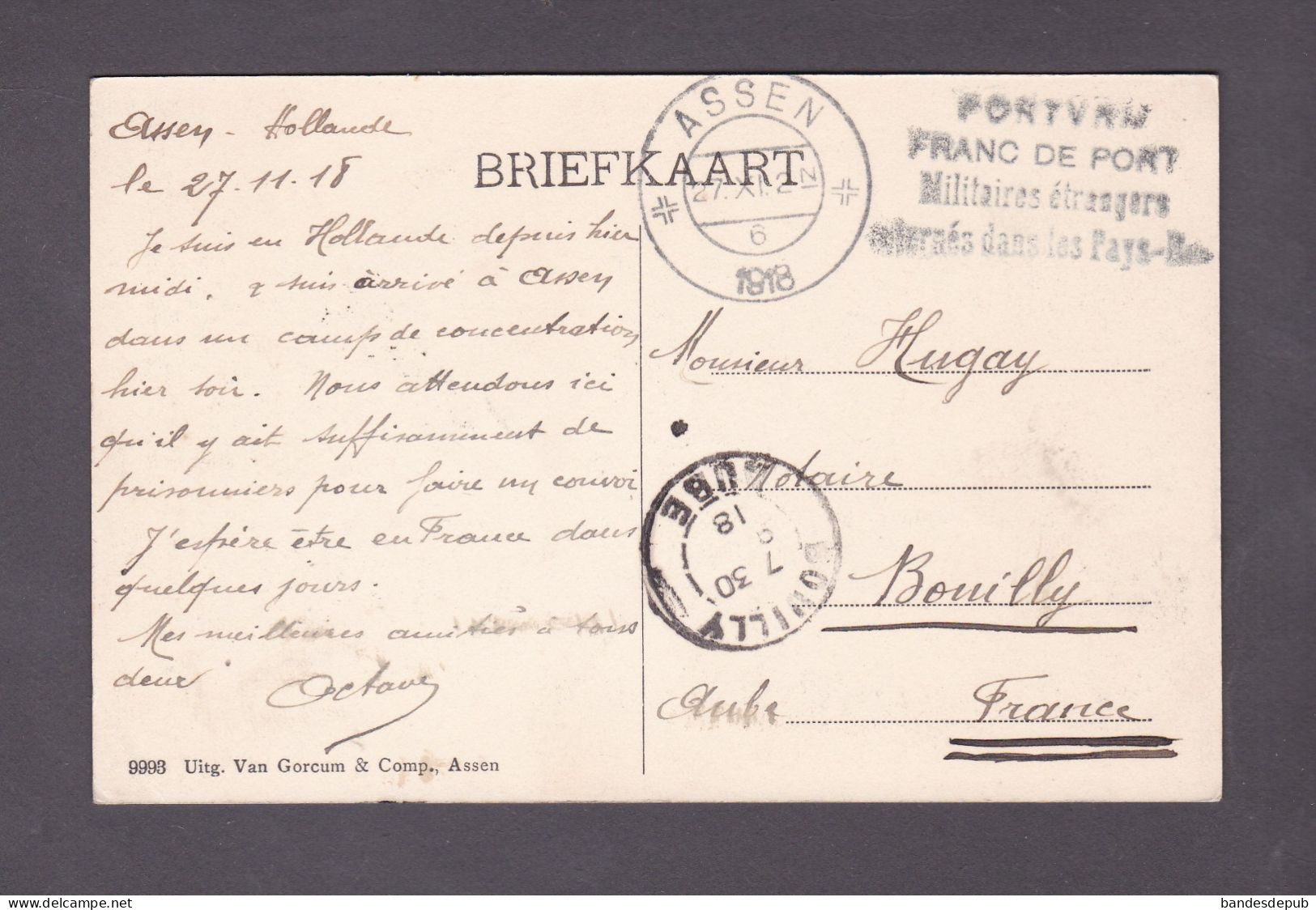 Assen De Torenlaan ( Correspondance Prisonnier De Guerre 14-18 Internés Aux Pays Bas Cf Cachet Dest. à Bouilly Aube - Assen