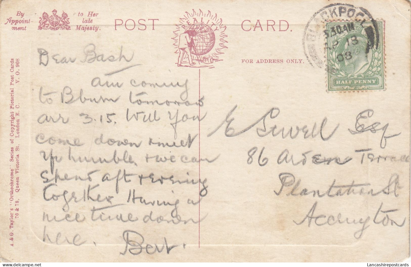 Postcard Genealogy Mr Sewell Arden Terrace Accrington PU 1908 My Ref B14825 - Genealogía