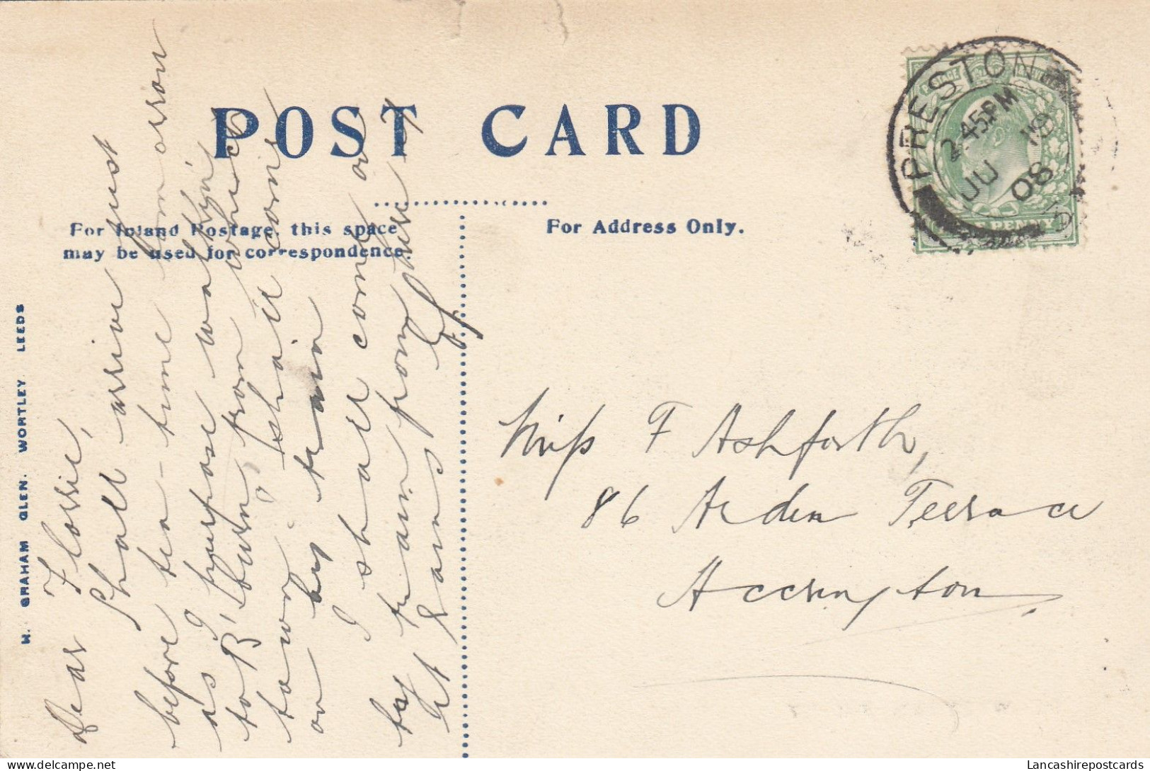 Postcard Genealogy Miss Florrie Ashforth Arden Terrace Accrington PU 1908 My Ref B14826 - Genealogía