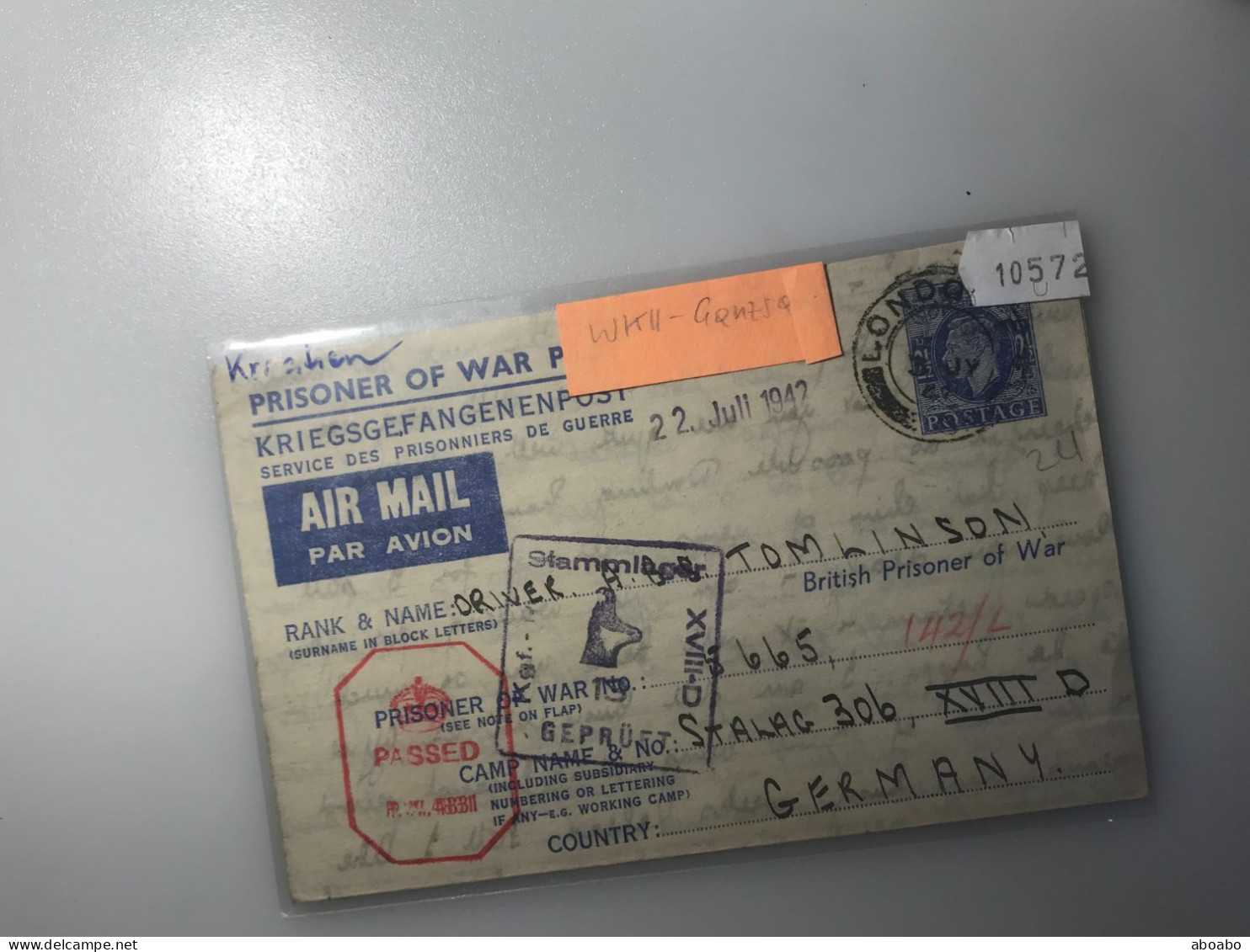Grossbritannien  UMSCHLAG Luftpost 1942 NACH DEUTSCHLAND ....30/24 - Cartas & Documentos