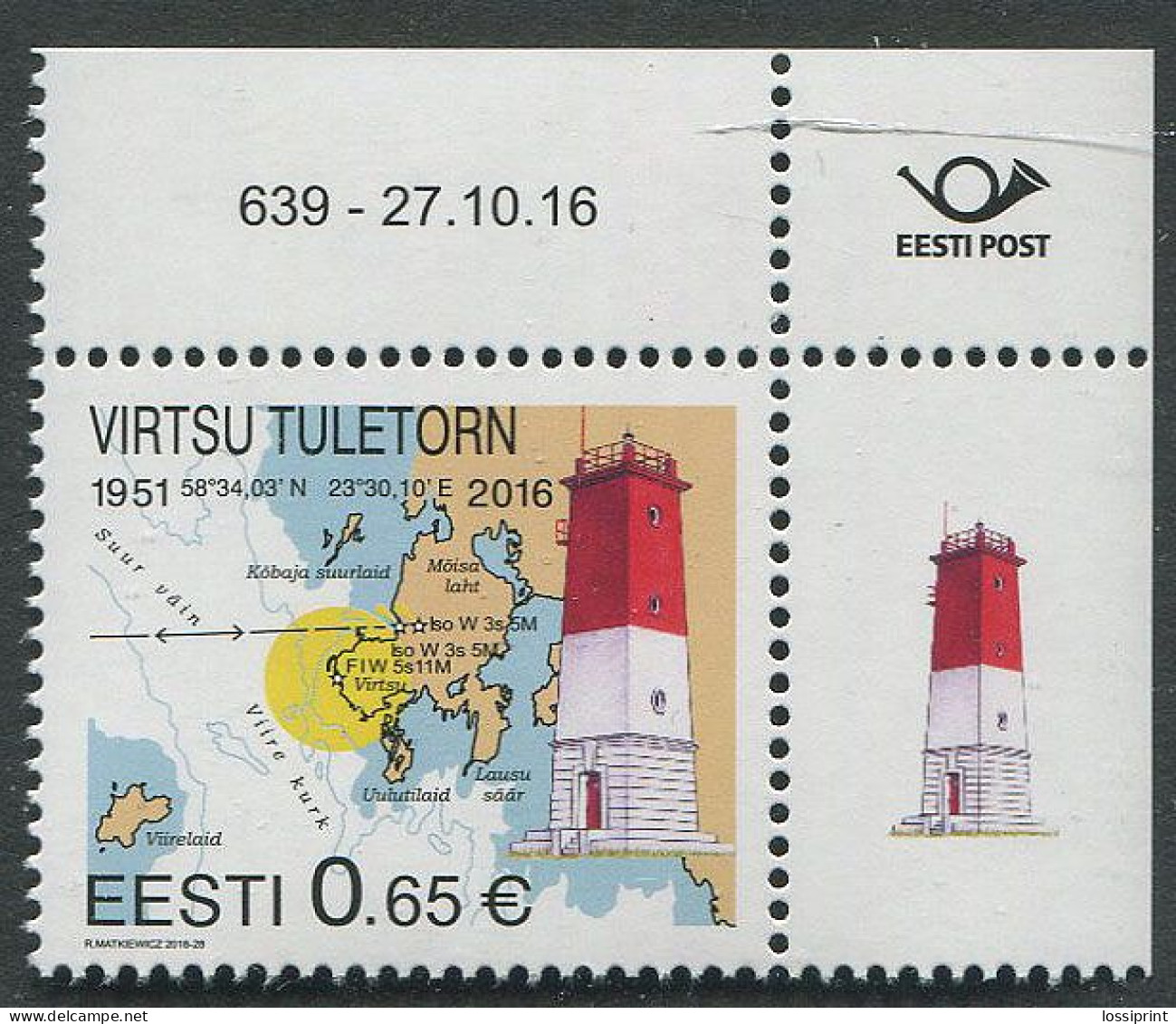 Estonia:Unused Stamp Virtsu Lighthouse, Corner!, 2016, MNH - Estonie