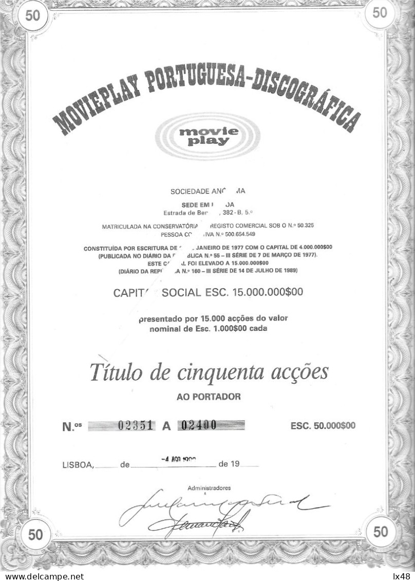 Title Of 50 Shares Of Moviplay Portuguesa - Discográfica, SA 1988. Sound Recording And Film Music Editing. Cinema. Cine - Cinéma & Théatre