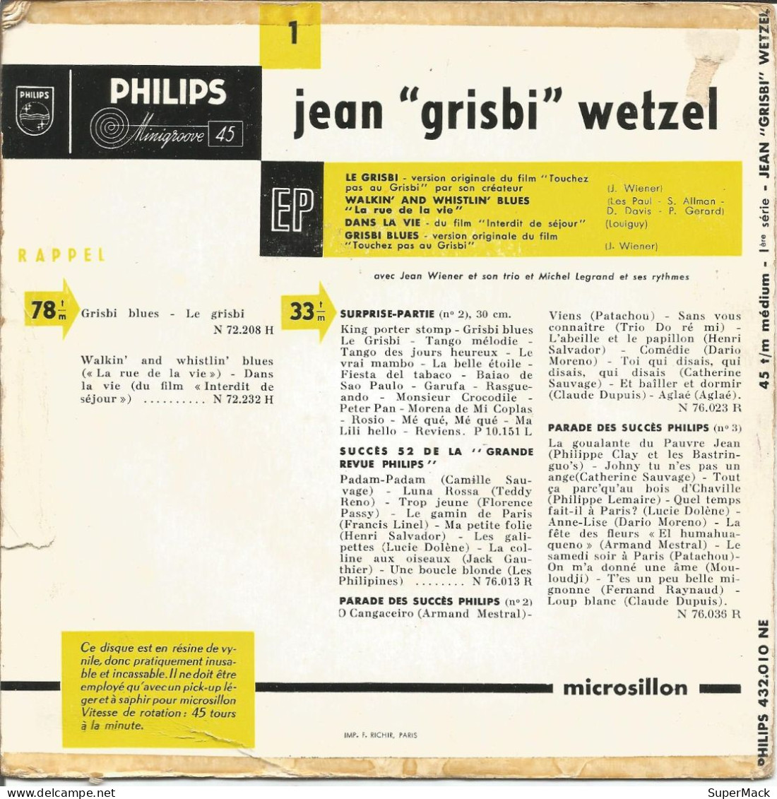 45T Jean "Grisbi" Wetzel - Le Grisbi Philips 432.010 NE 1955 - Ediciones De Colección