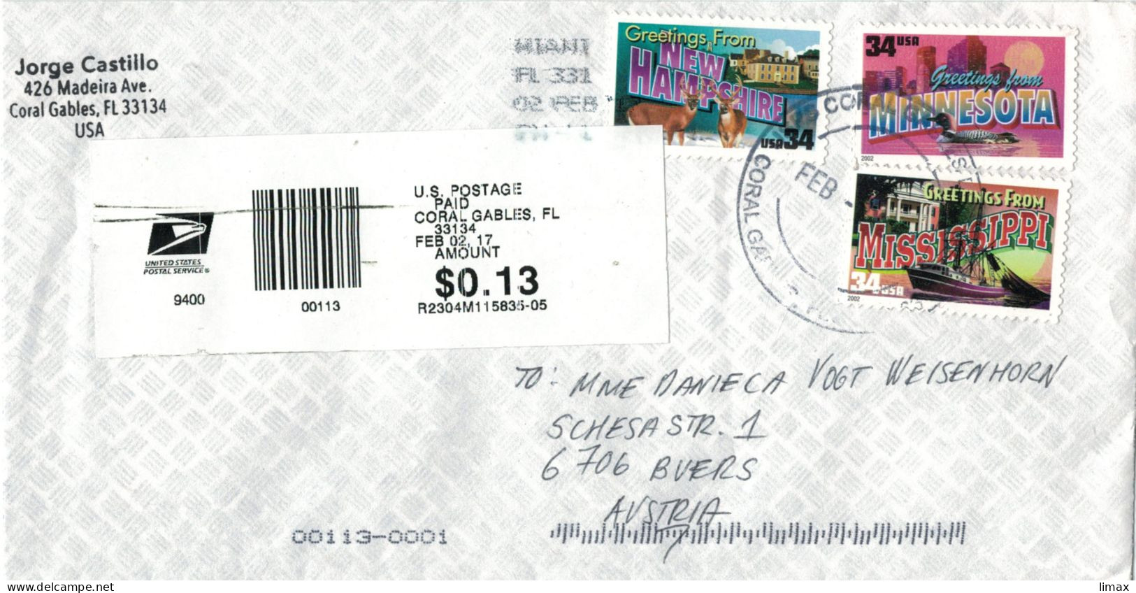 [C3] Coral Gables 2017 Greetings New Hampshire Minnesota Mississippi  -  Label USPS - Briefe U. Dokumente