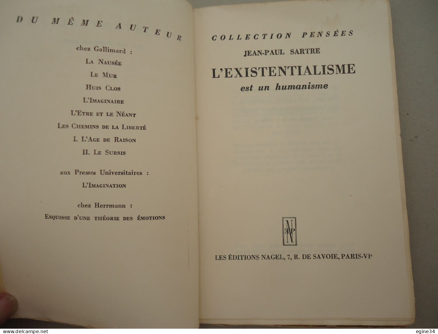 Editions Nagel - Collection Pensées - Jean-Paul Sartre - L'Existentialisme Est Un Humanisme  - Février 1946 - - Sociologie