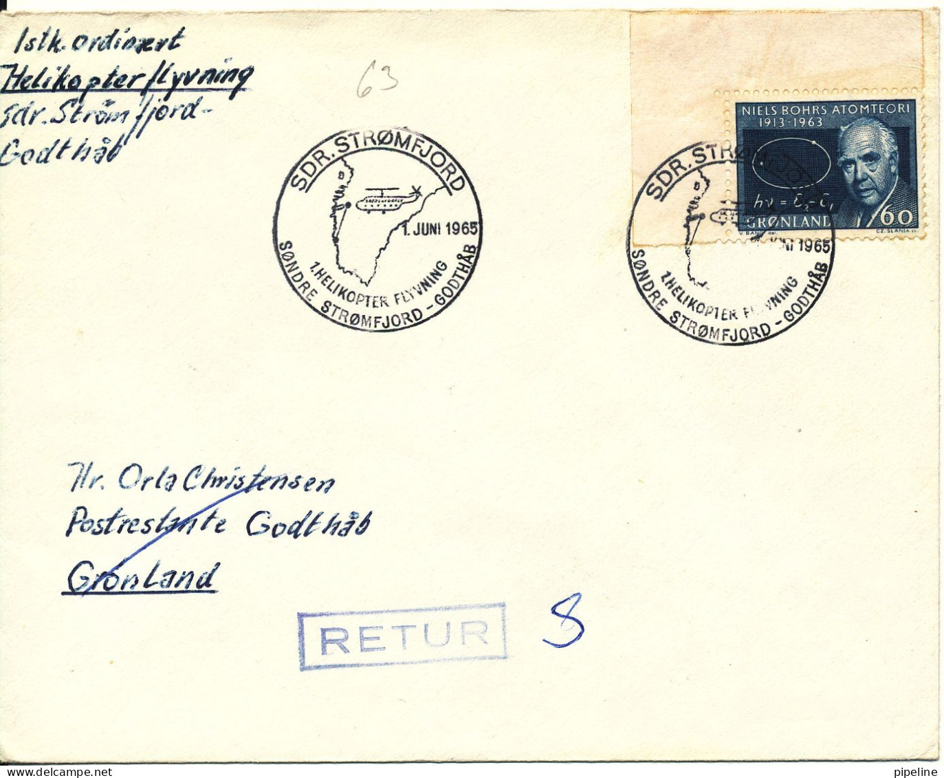 Greenland Cover First Helicopter Flight Sdr. Strömfjord - Godthab 1-6-1965 - Covers & Documents