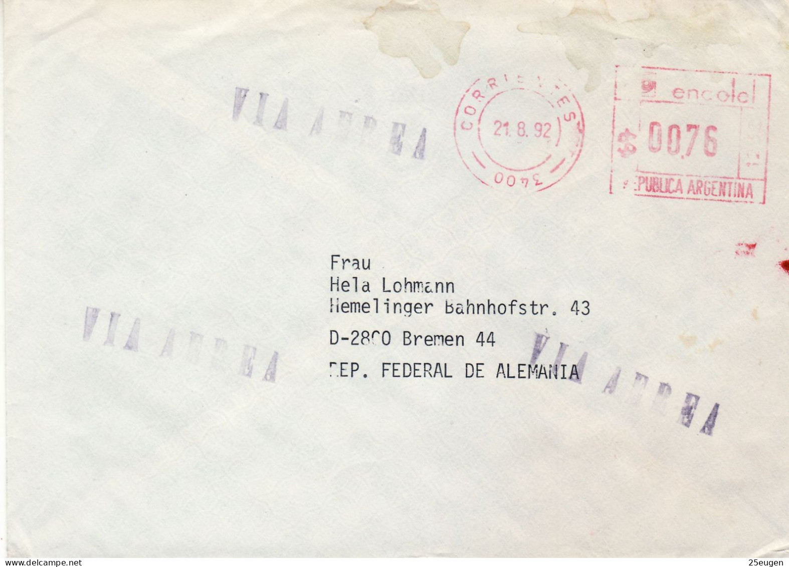 ARGENTINA 1992  AIRMAIL LETTER SENT FROM CORRIENTES TO BREMEN - Covers & Documents