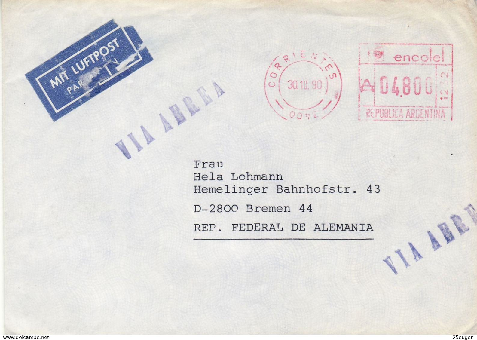 ARGENTINA 1990  AIRMAIL LETTER SENT FROM CORRIENTES TO BREMEN - Briefe U. Dokumente