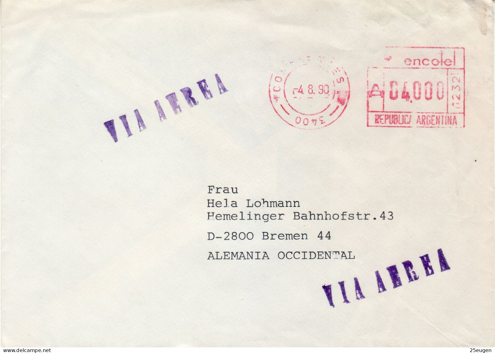 ARGENTINA 1990  AIRMAIL LETTER SENT FROM CORRIENTES TO BREMEN - Briefe U. Dokumente