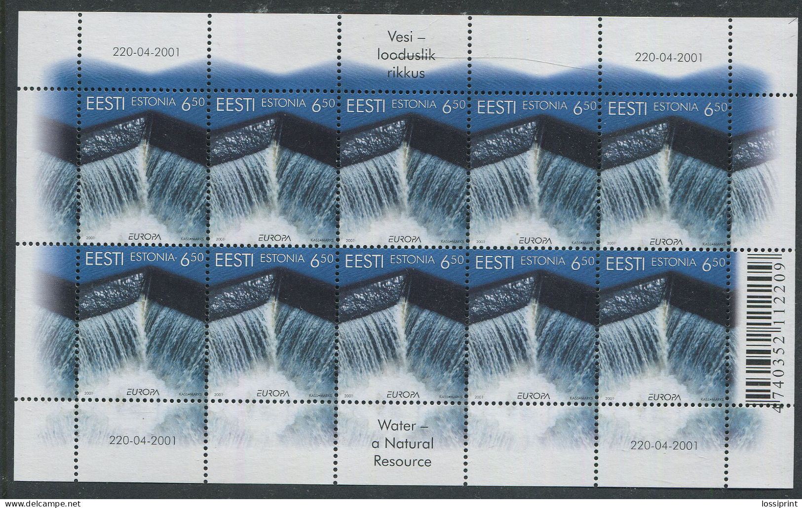 Estonia:Unused Sheet EUROPA Cept 2001, Water, MNH - Estonie