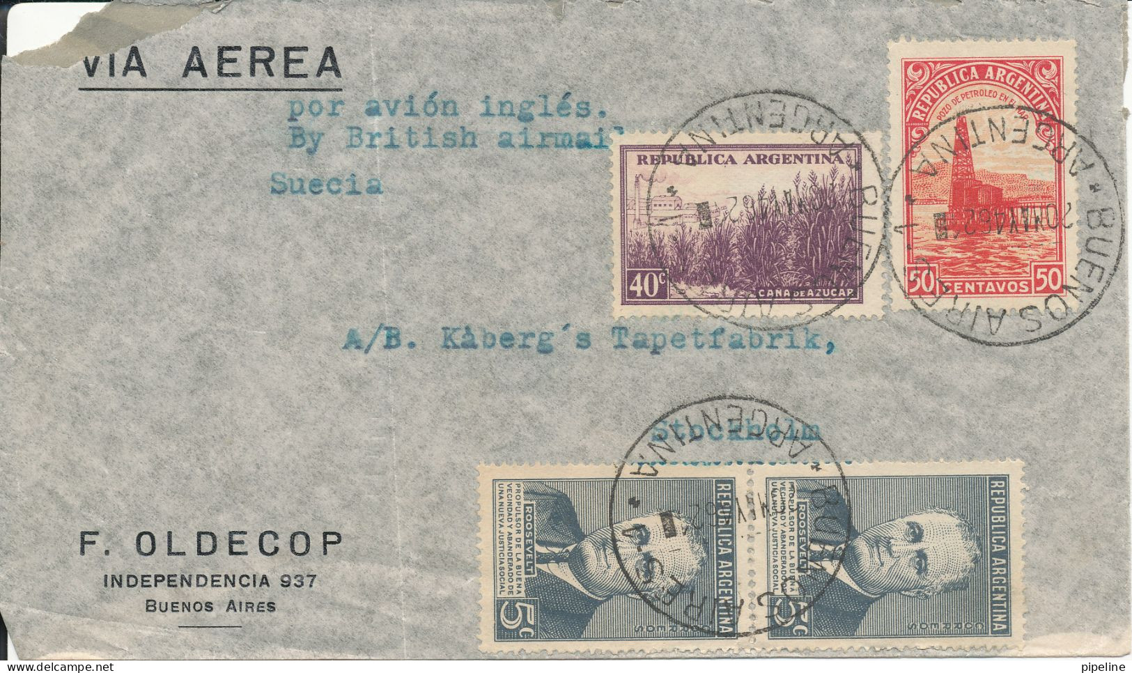 Argentina Air Mail Cover Sent To Sweden Buenos Aires 20-5-1946 - Luchtpost