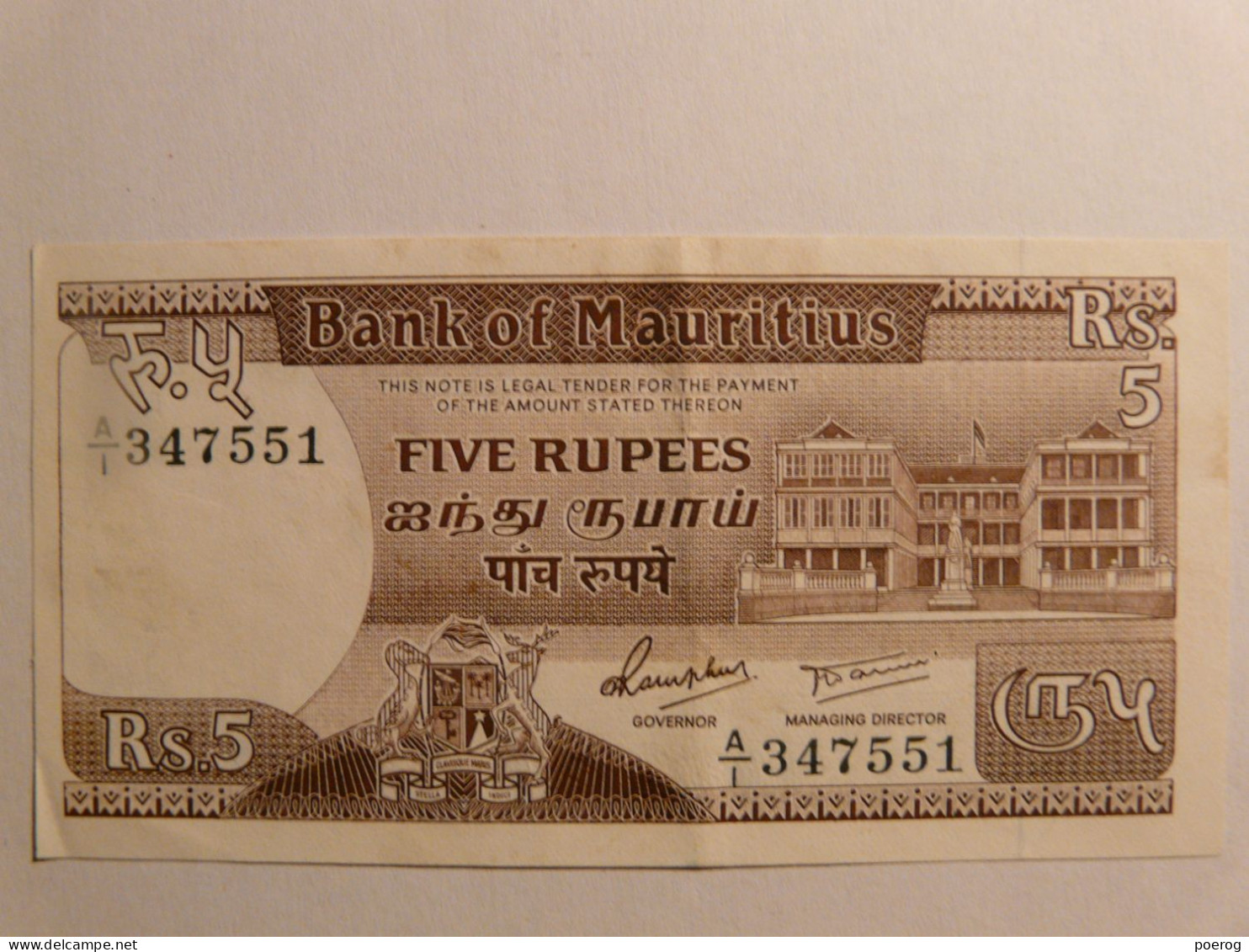 BILLET ILE MAURICE MAURITIUS - 5 RUPEES CIRCA 1990 - BILLET DE BANQUE - A/I 347551 - 5 ROUPIES - Bank Note - Mauricio