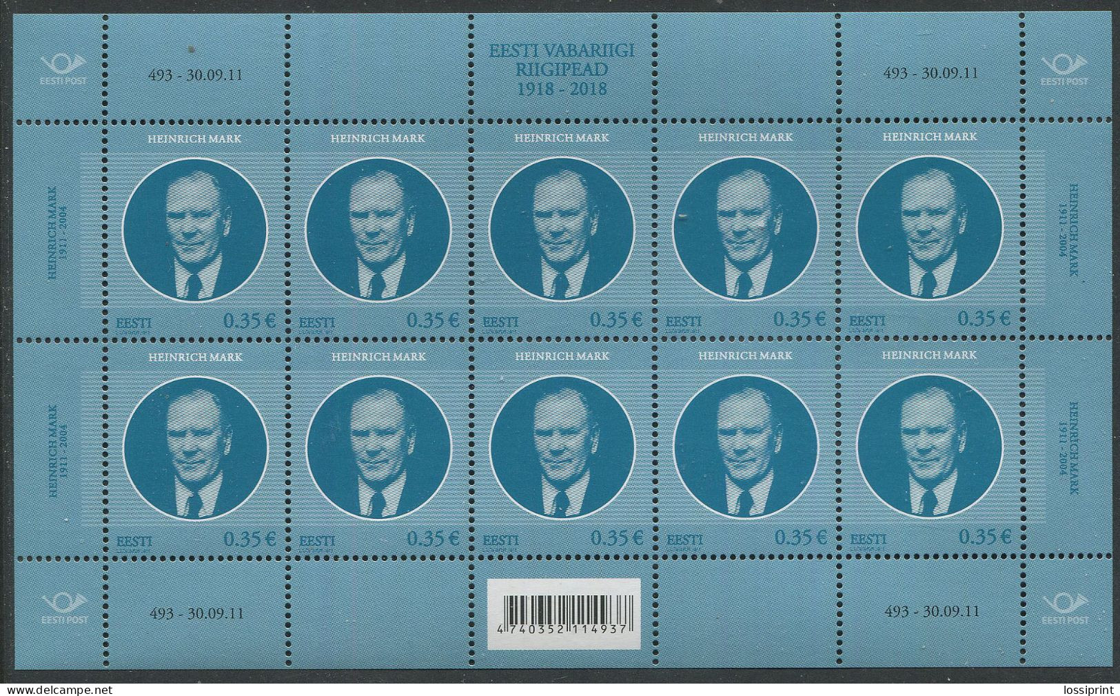 Estonia:Unused Sheet Heads Of State Of The Republic Of Estonia Heinrich Mark, 2011, MNH - Estonie