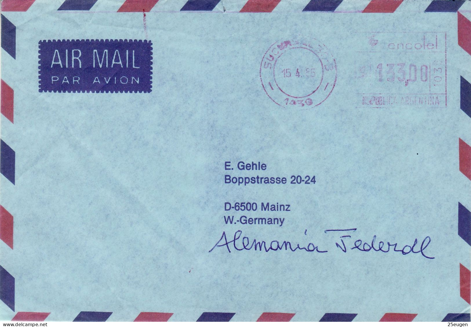 ARGENTINA 1985  AIRMAIL LETTER SENT FROM SUCURSAL TO MAINZ - Covers & Documents