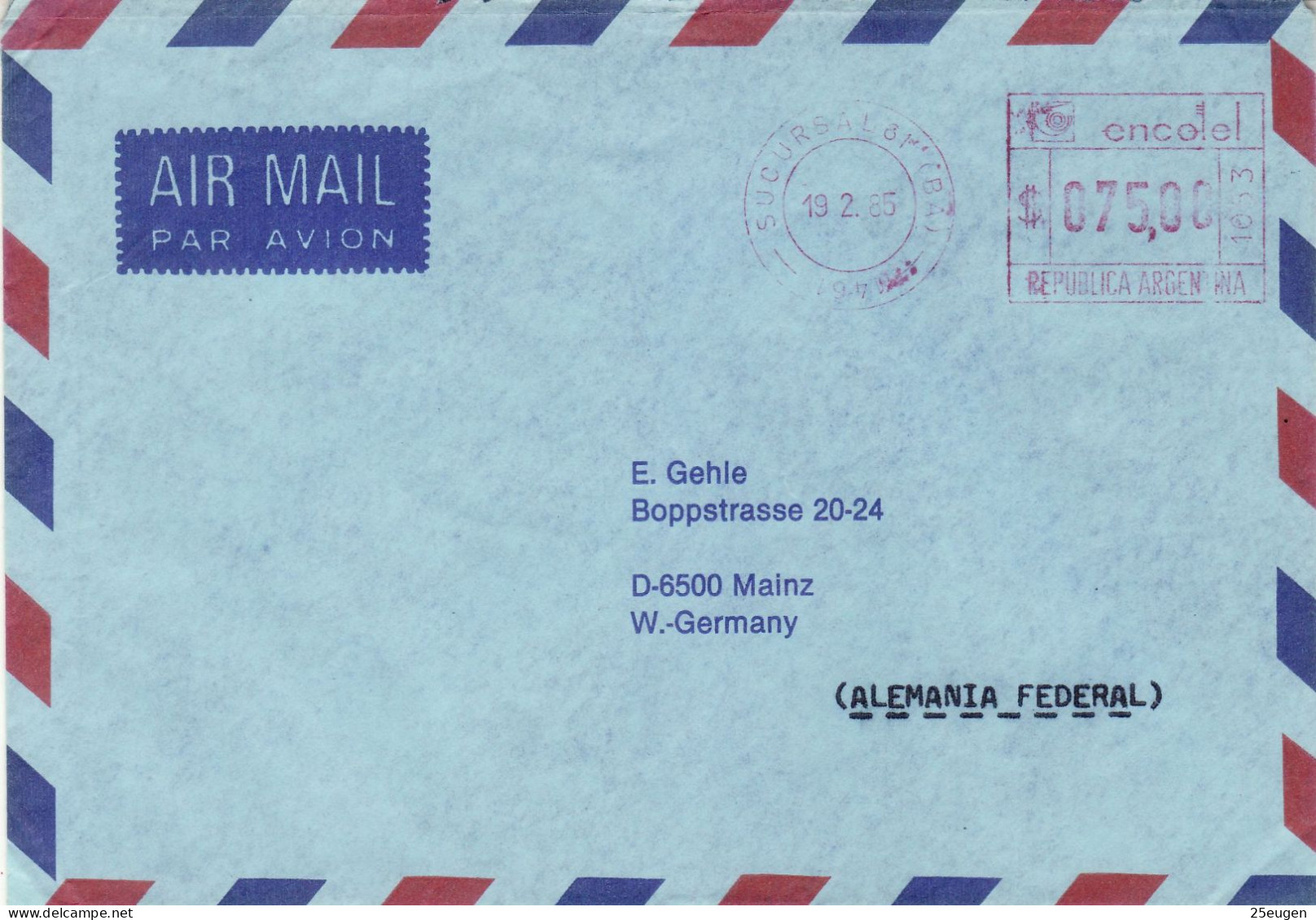 ARGENTINA 1985  AIRMAIL LETTER SENT FROM SUCURSAL TO MAINZ - Brieven En Documenten