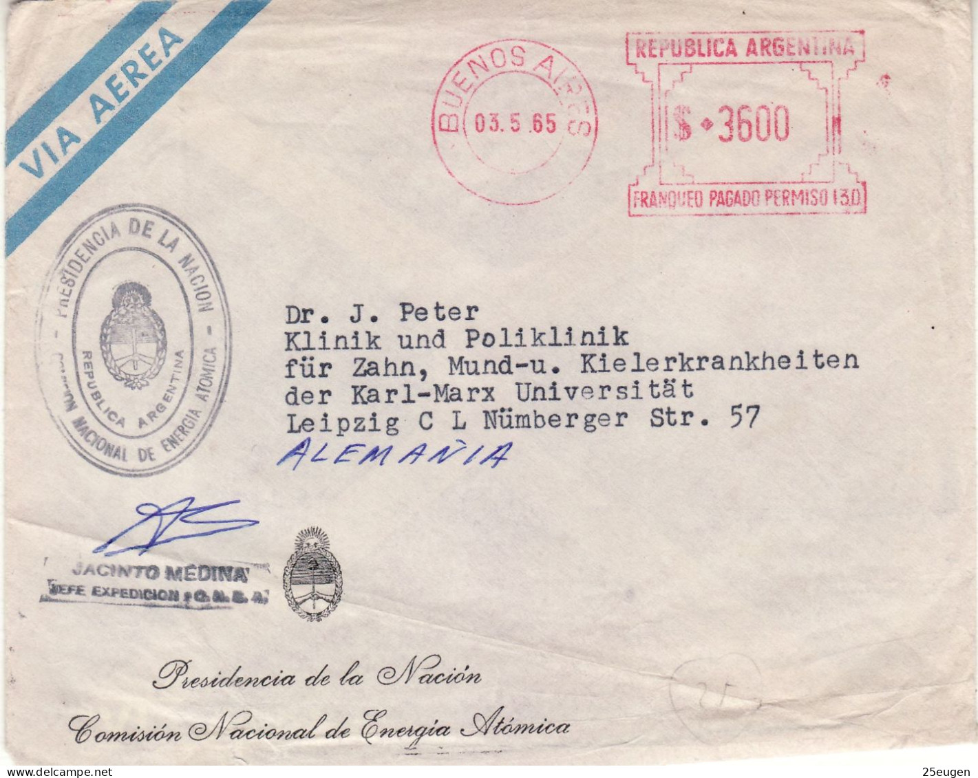 ARGENTINA 1965  AIRMAIL  LETTER SENT FROM BUENOS AIRES TO LEIPZIG - Briefe U. Dokumente