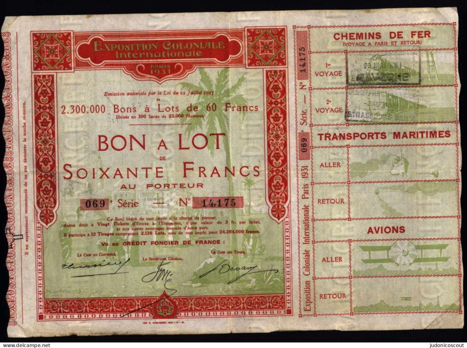 Exposition Coloniale Internationale Paris 1931 - Bon à Lot De Soixante Francs Au Porteur - Tourismus