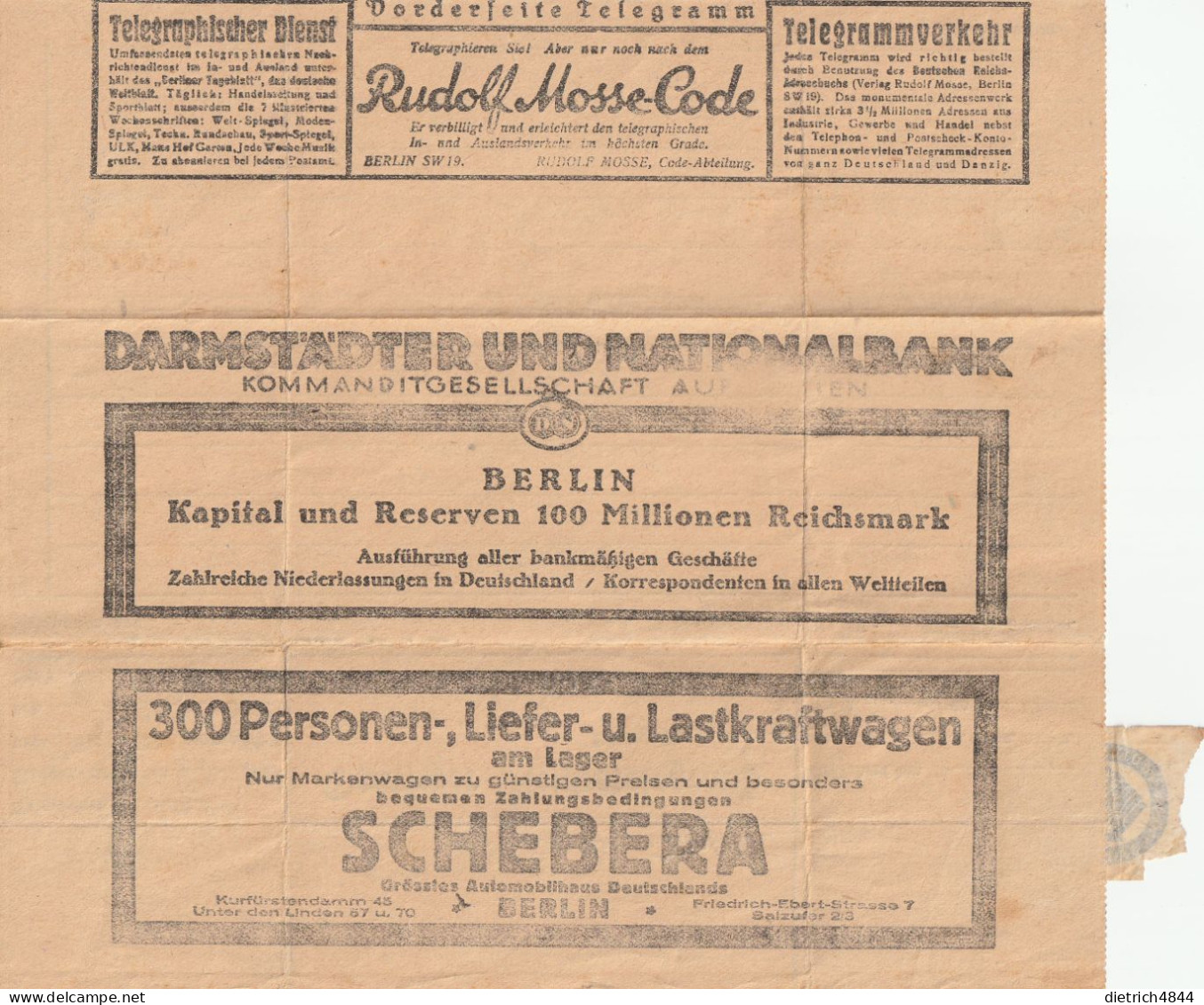 Telegramm Von 1926 Mit Rückseitiger Werbung - Sonstige & Ohne Zuordnung