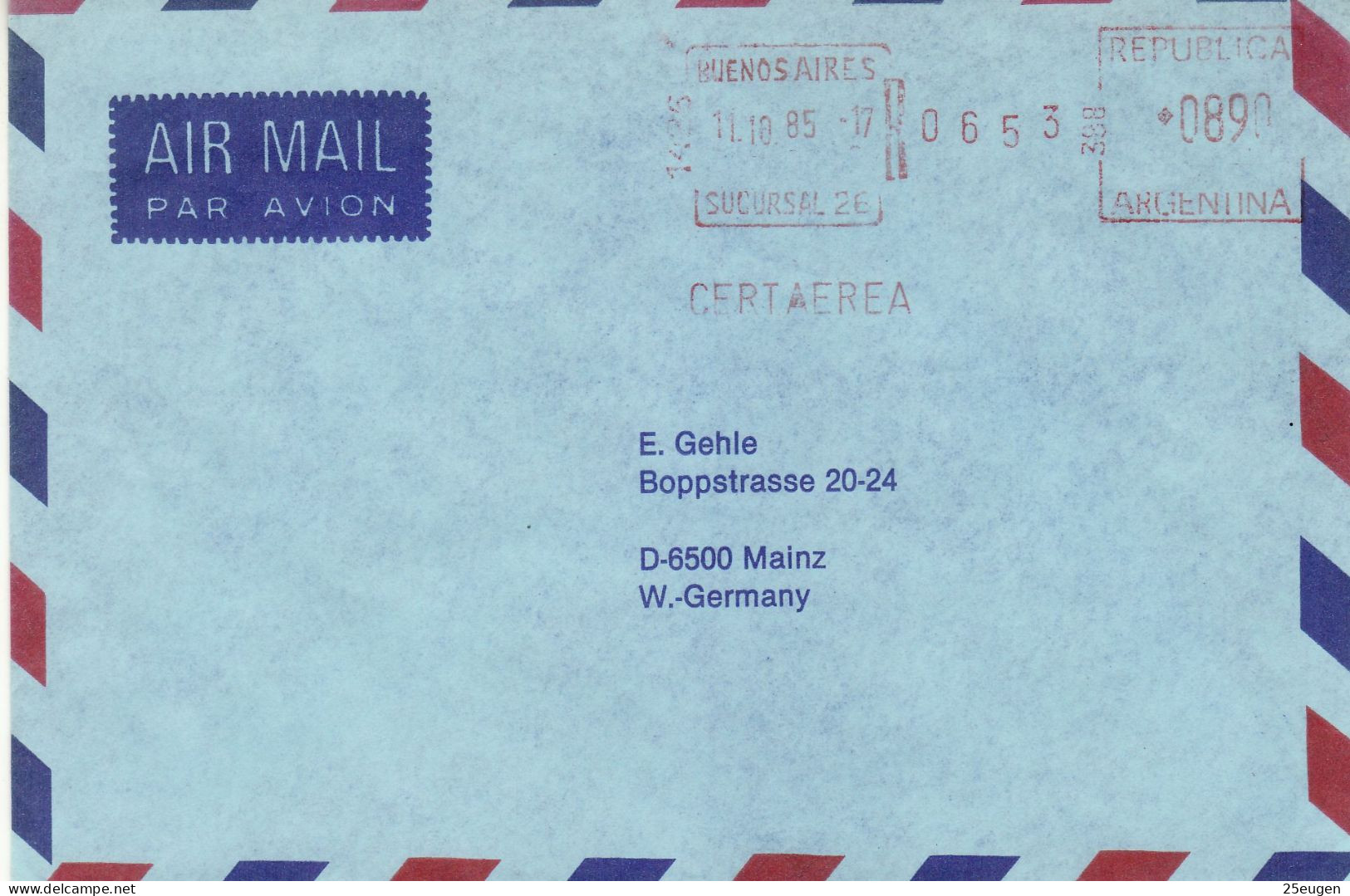 ARGENTINA 1985  AIRMAIL  LETTER SENT FROM BUENOS AIRES TO MAINZ - Storia Postale