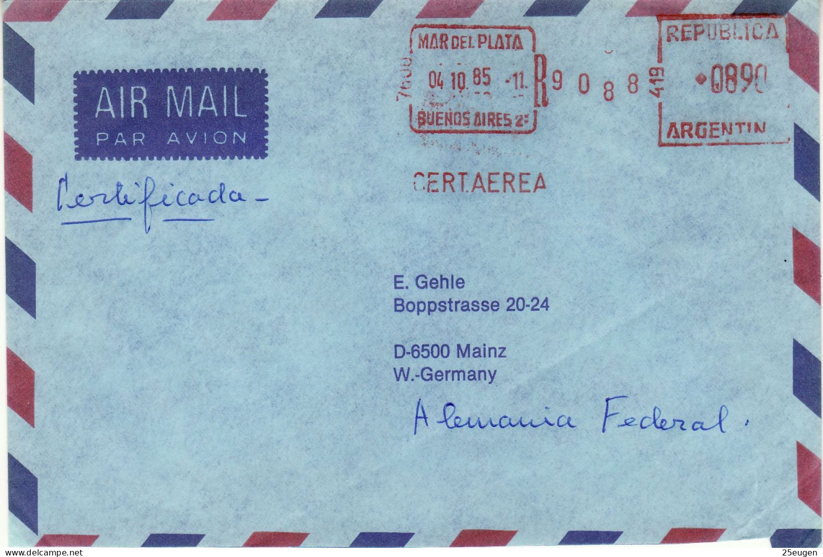 ARGENTINA 1985  AIRMAIL  LETTER SENT FROM MAR DEL PLATA TO MAINZ - Cartas & Documentos