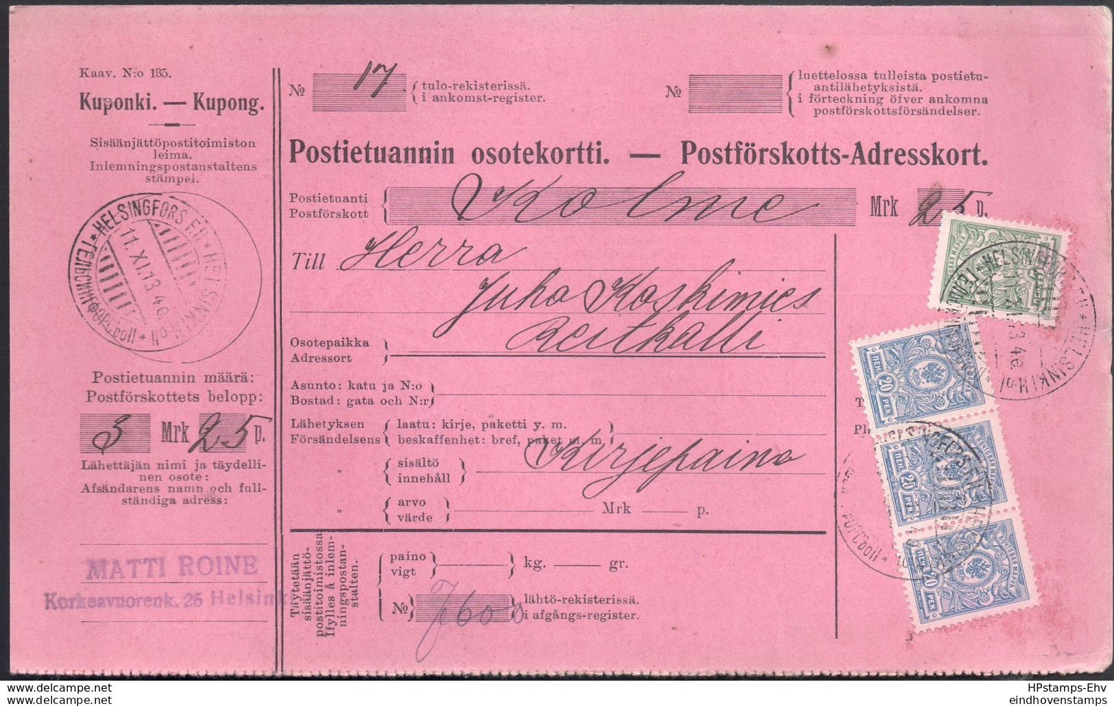 Finland, Suomi, Russian Period Postpacket Card From Helsinki To Reitkalli, Franking 65 Penni, 11.XI.13 - 2003.2913 - Lettres & Documents