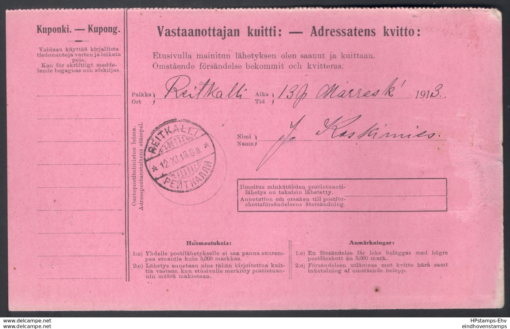Finland, Suomi, Russian Period Postpacket Card From Helsinki To Reitkalli, Franking 65 Penni, 11.XI.13 - 2003.2913 - Storia Postale