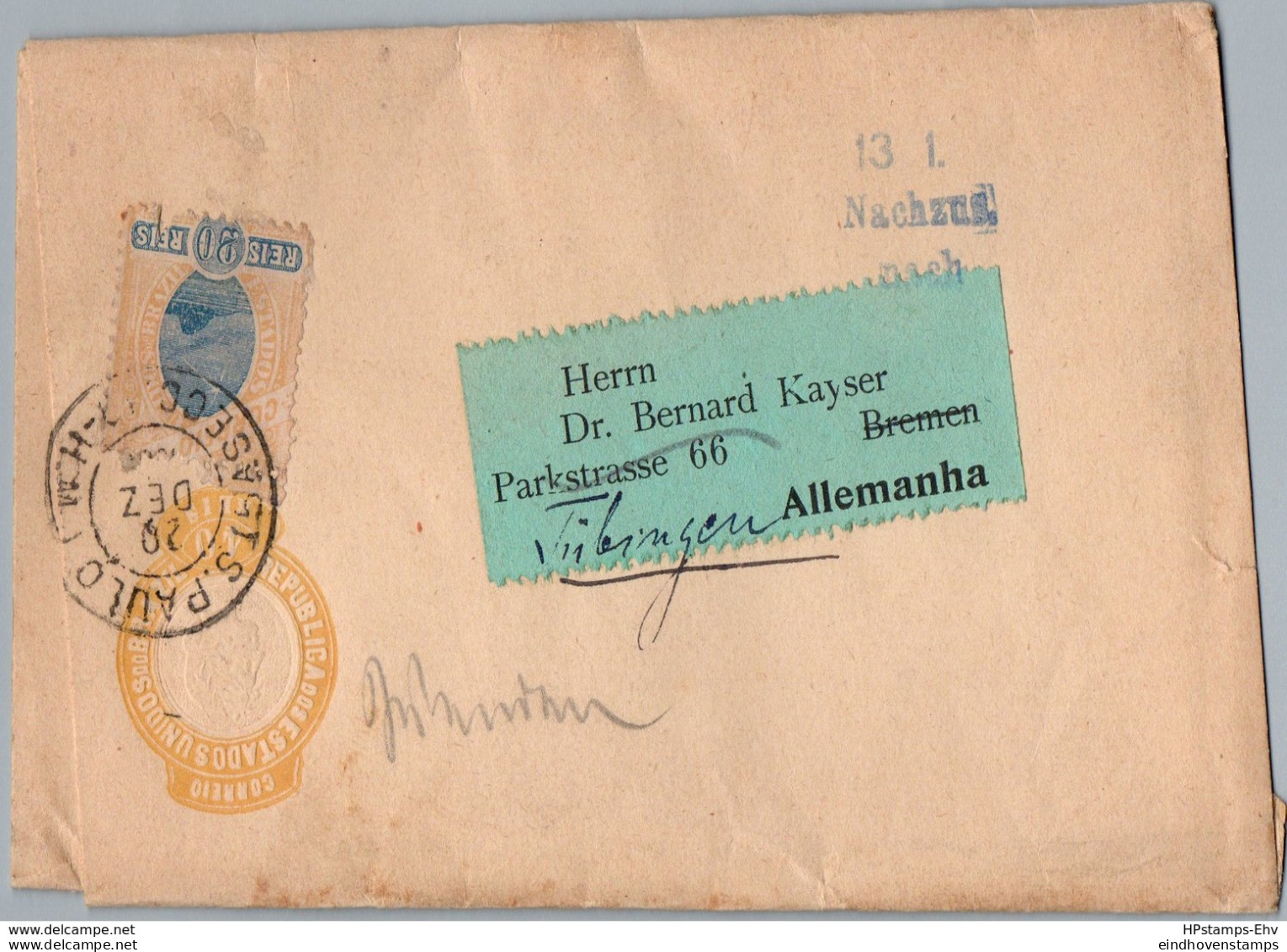 Brasilia Abour 1895 Stationary Wrapper With 20 Reis Add Franking To Germany, Postal Forwarded Marking  Nachzug 2003.1111 - Storia Postale