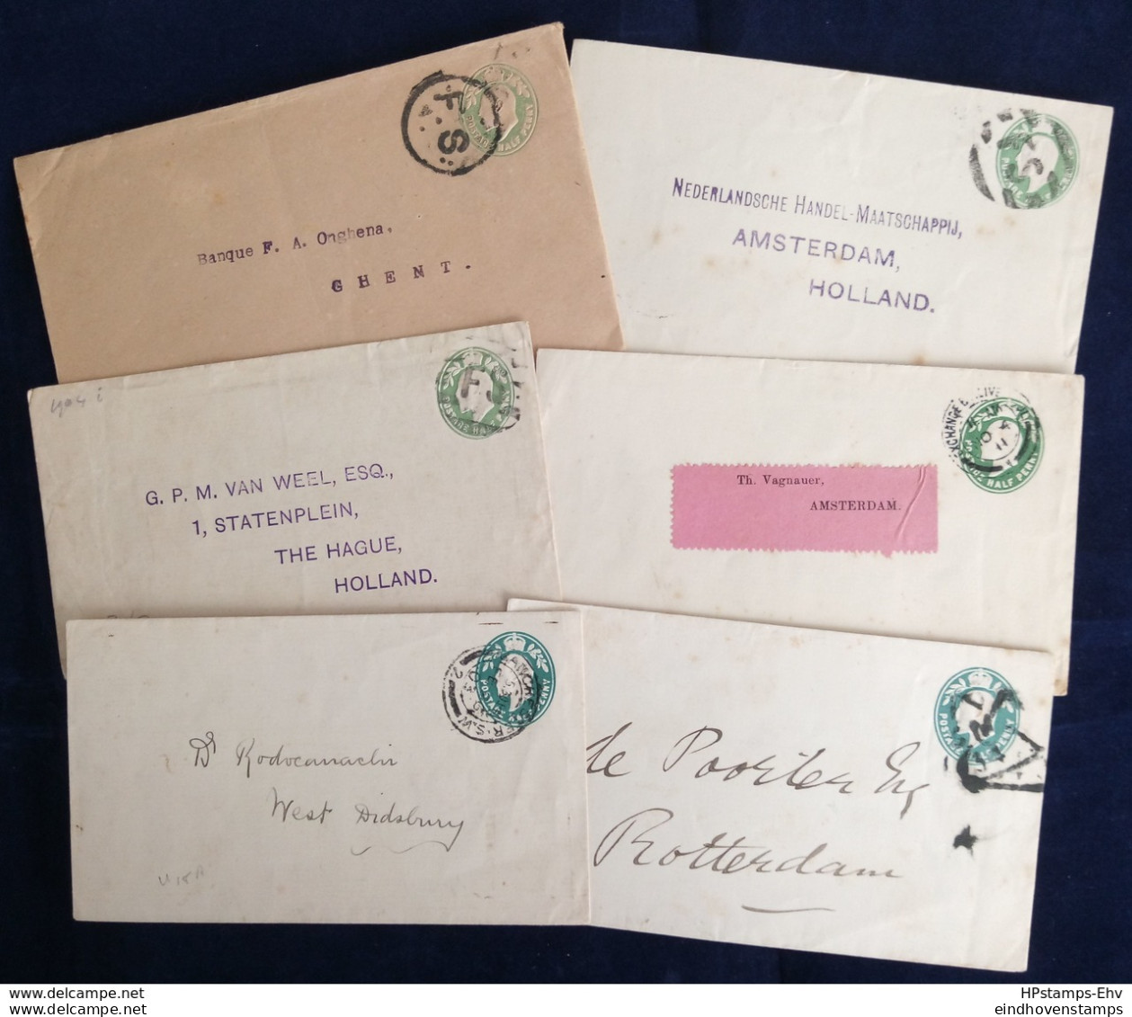 Great Britain ½ D Edward VII Postal Stationary Envelopes 1902-, Var. Sizes, Papers & Postmarks 6 Ex. All Used 2002.1805 - Storia Postale