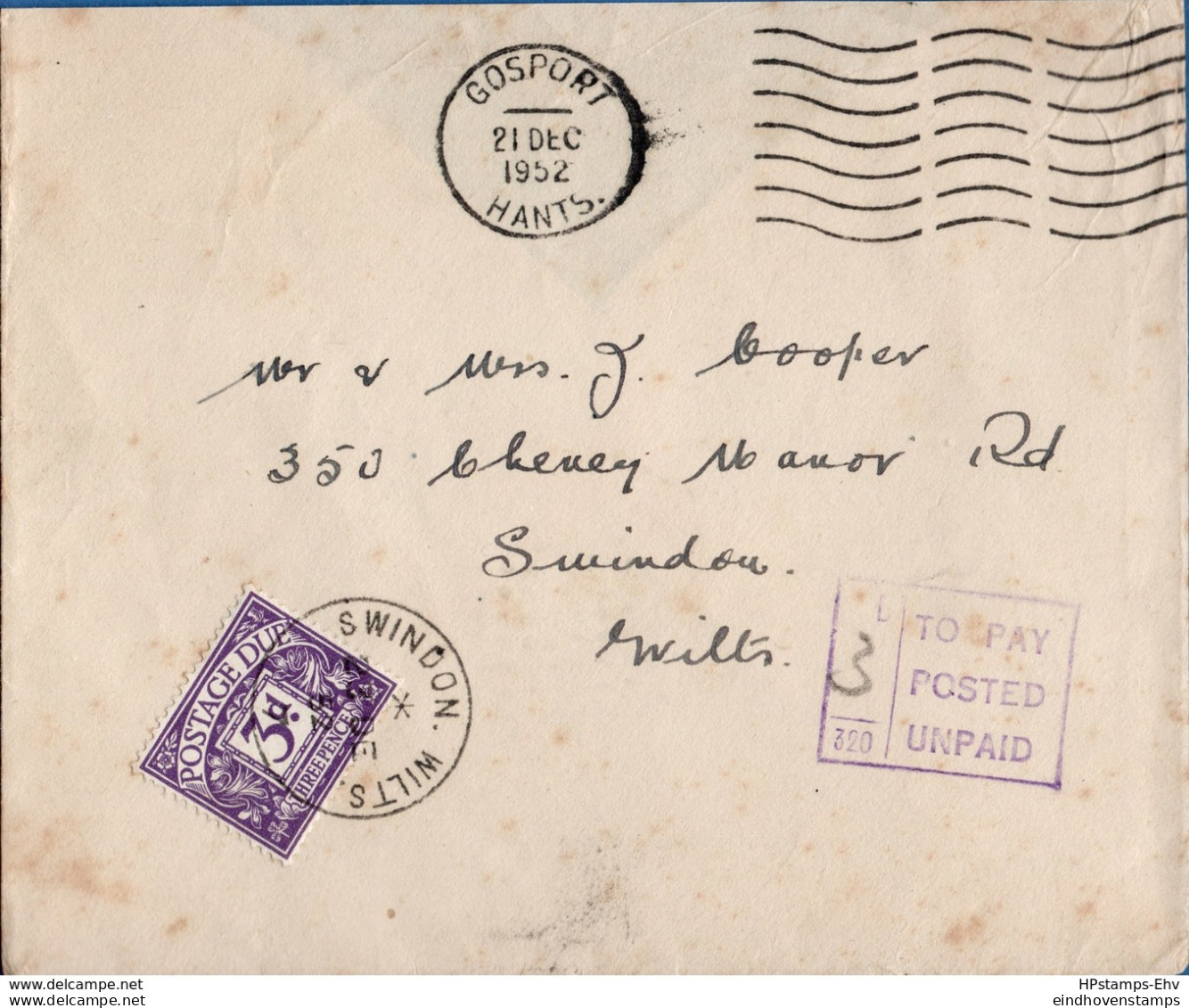 Britain Postage Due 3d 1952 21 Letter From Gosport (Due Mark18/145, Universal 10/172) To Swindon 2002.1641 - Impuestos