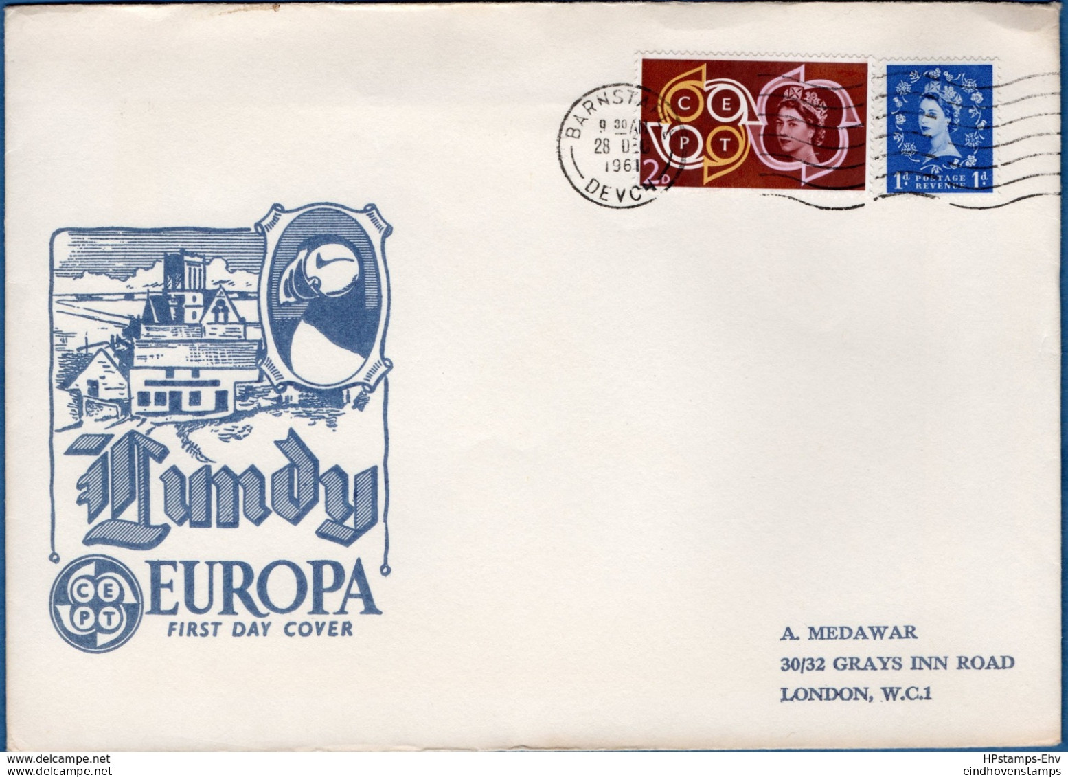 Lundy Europe 1961 Block Issue On FDC Postmark 28 Dec 1961, British 2d Cept On Frontside 2002.1639 - Ohne Zuordnung