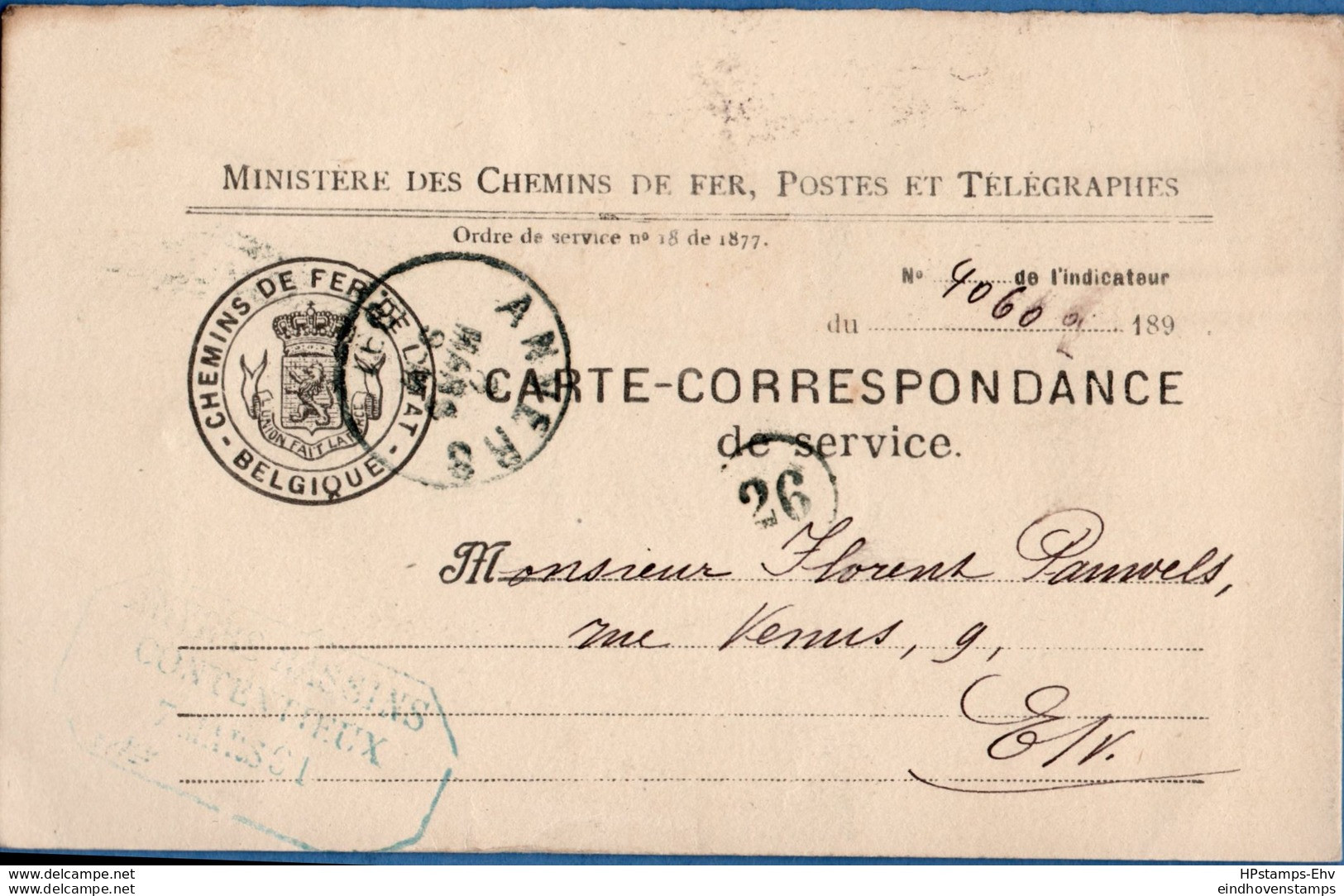 Belgium, Belgique 1891 Chemins De Fer, Railway, Service Po\ost Card, Communication 7 March 1891, 2002.1415 - Autres & Non Classés