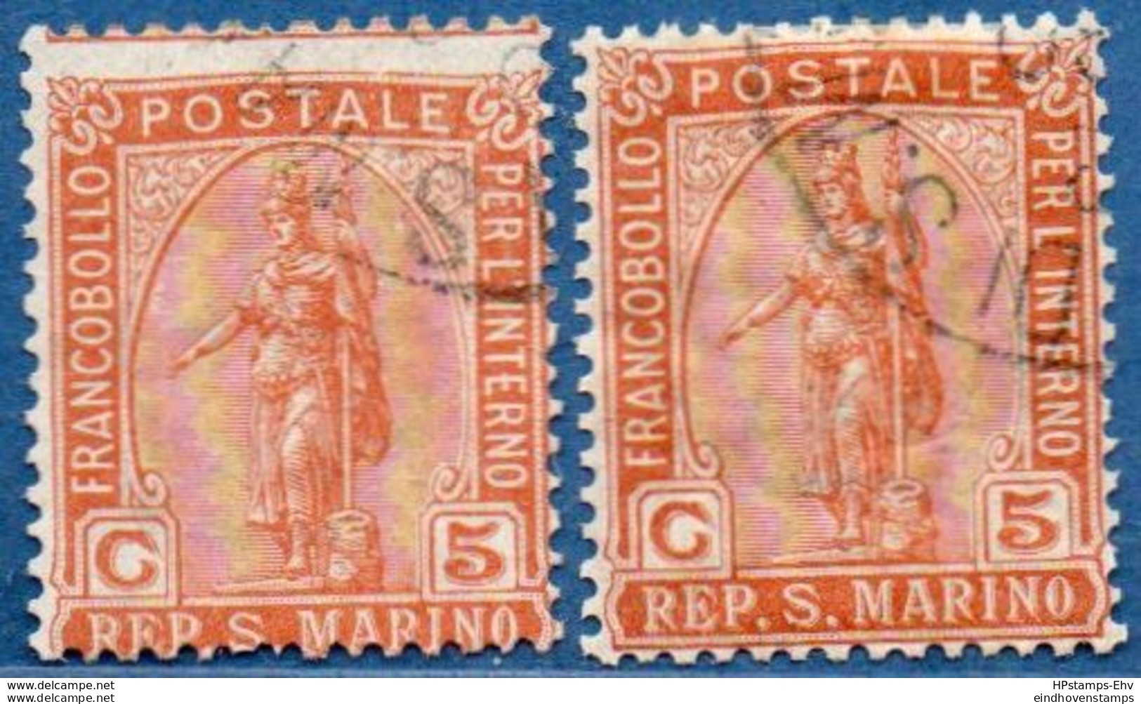 San Marino 1899 Goddess 5 C Color Shades 2 Values Cancelled - 2005.2623 - Used Stamps