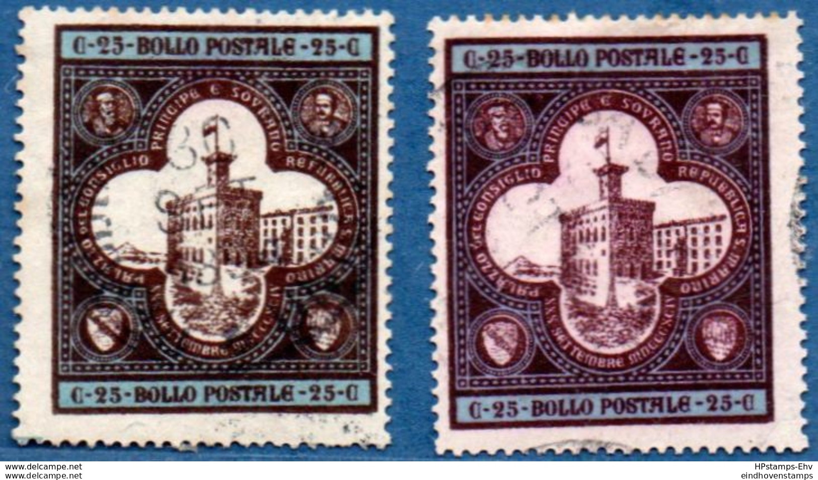 San Marino 1894 Inauguration Government Building 25 C 2 Values Cancelled - 2005.2621 Bright & Dull Printing - Used Stamps