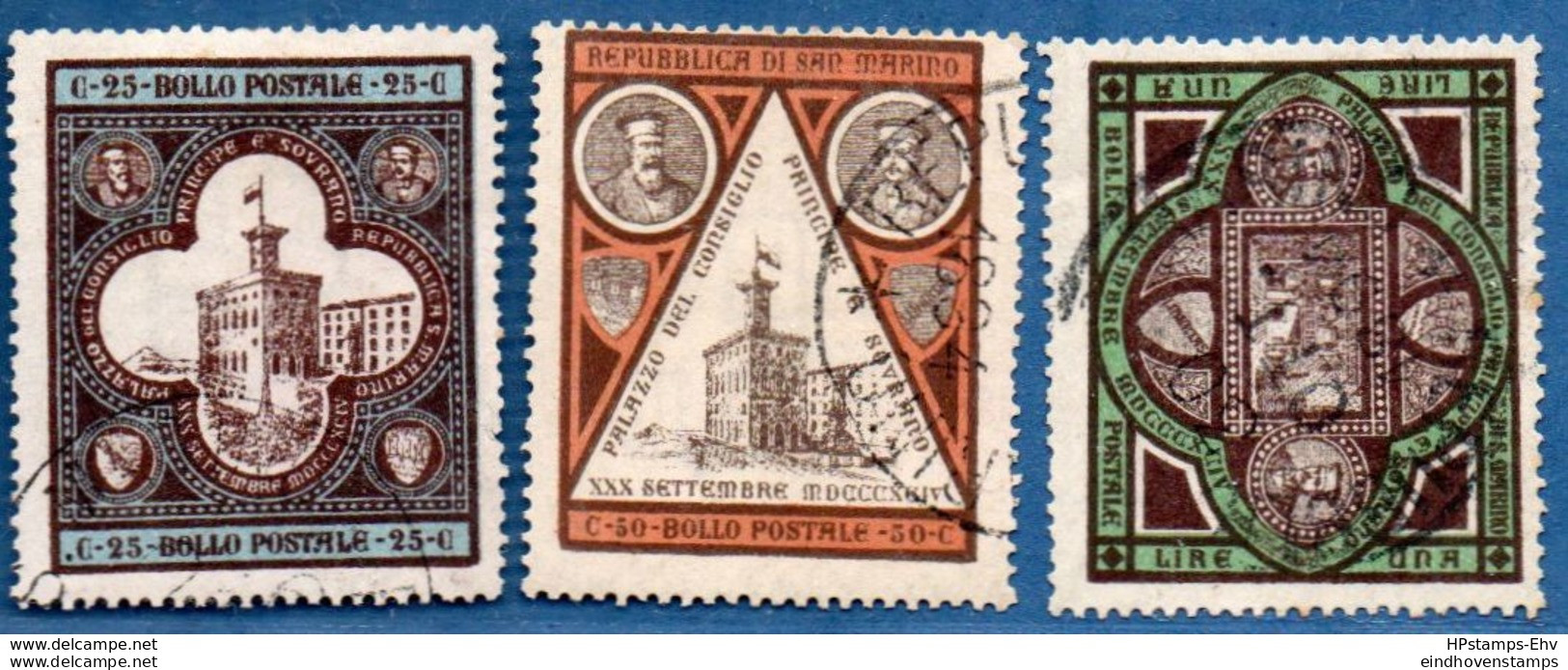 San Marino 1894 Inauguration Government Building Set 3 Values Cancelled - 2005.2619 Dull Printing - Used Stamps