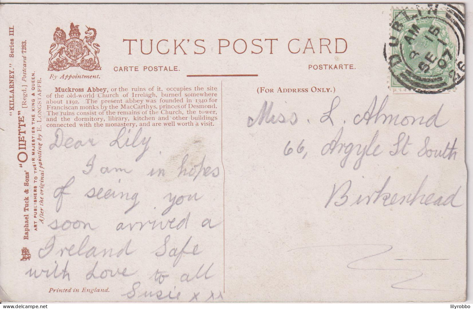 IRELAND - Muckross Abbey KILARNEY - Tuck Oilette - Dublin Postmark 1907 To Birkenhead UK - Kerry