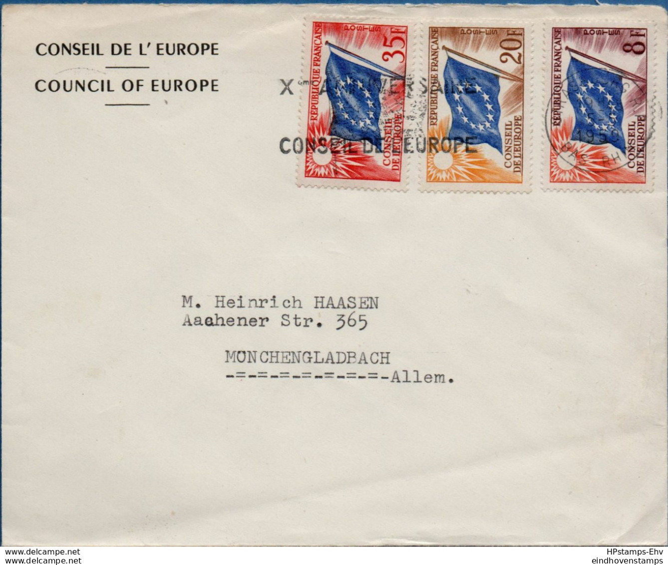 France 1959, Conseil De L'Europe 10 Ans/yr 8, 20 & 35 F Obliteration Commemorative FDC - 2009.0429 - 1959