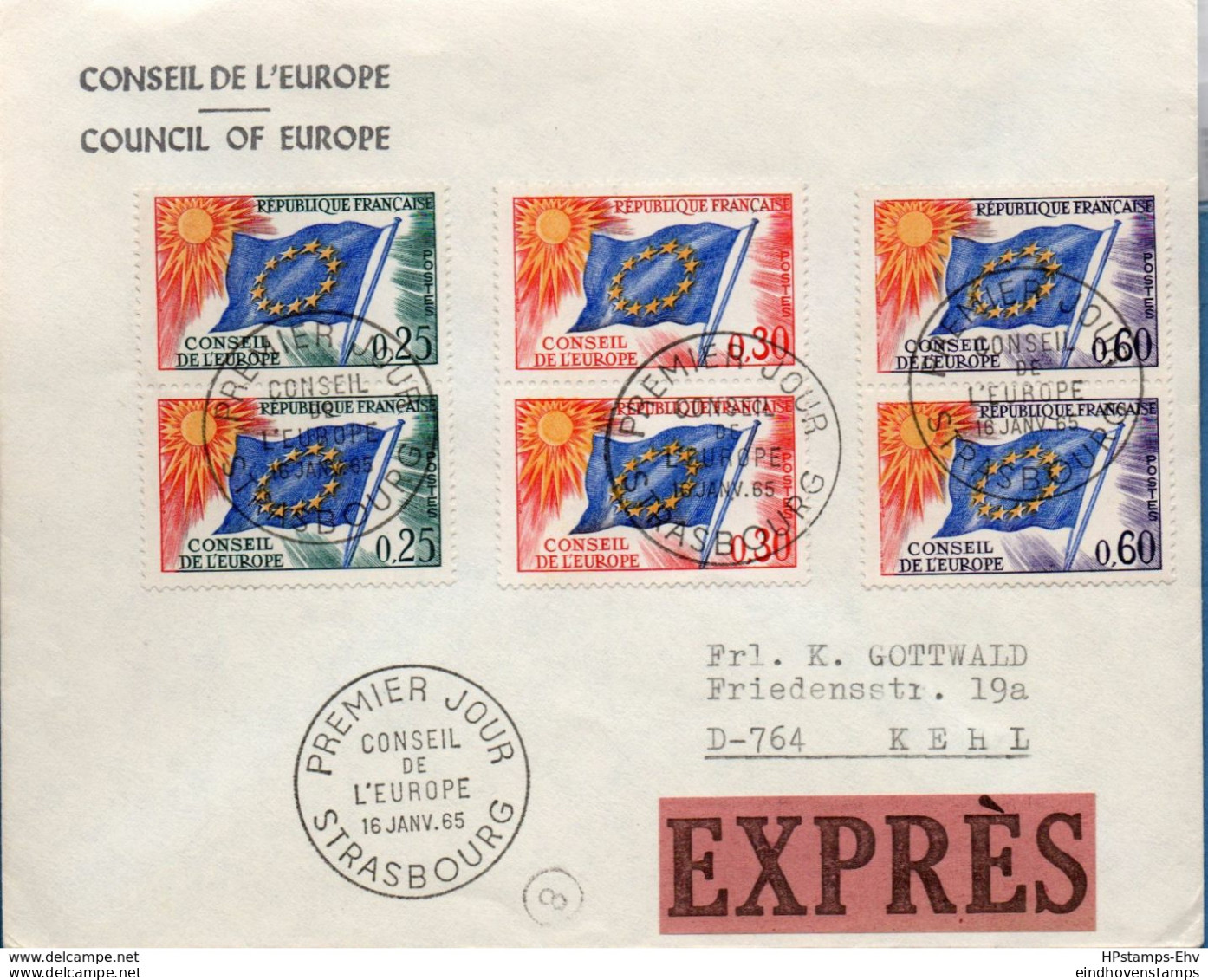 France 1965, Conseil De L'Europe 0.25, 0.30 & 0.60 Paires Sur FDC-Exprès 16 Janv 1965 - 2009.0431 - 1965