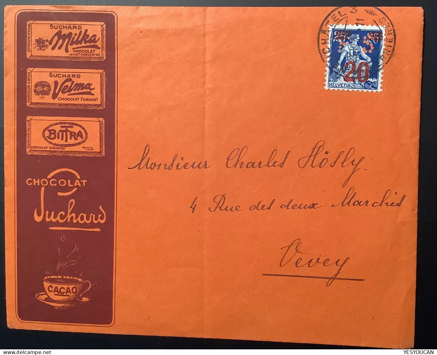 SUCHARD CHOCOLAT Perfin PS NEUCHATEL SERRIERES1921Werbung Brief (Schweiz Suisse Lettre Illustré Pub Perforé Cacao Cover - Lettres & Documents