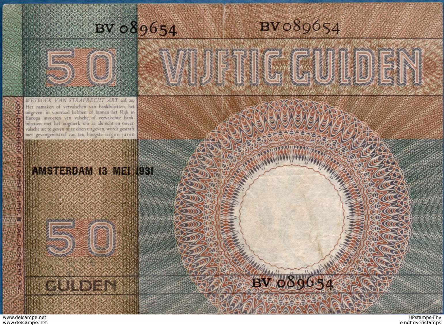 Nederland, Netherlands Type 1929 Minerva BV Series 2012.04B15 Nice But Folded Twice - 50 Florín Holandés (gulden)