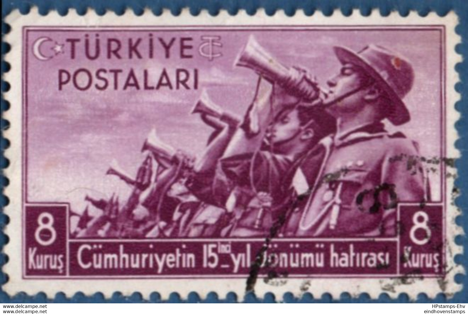 Turkey 1938 Republic 15 Year 1 Value Cancelled 2011.2826 Scouts Blowing Horns - Gebruikt