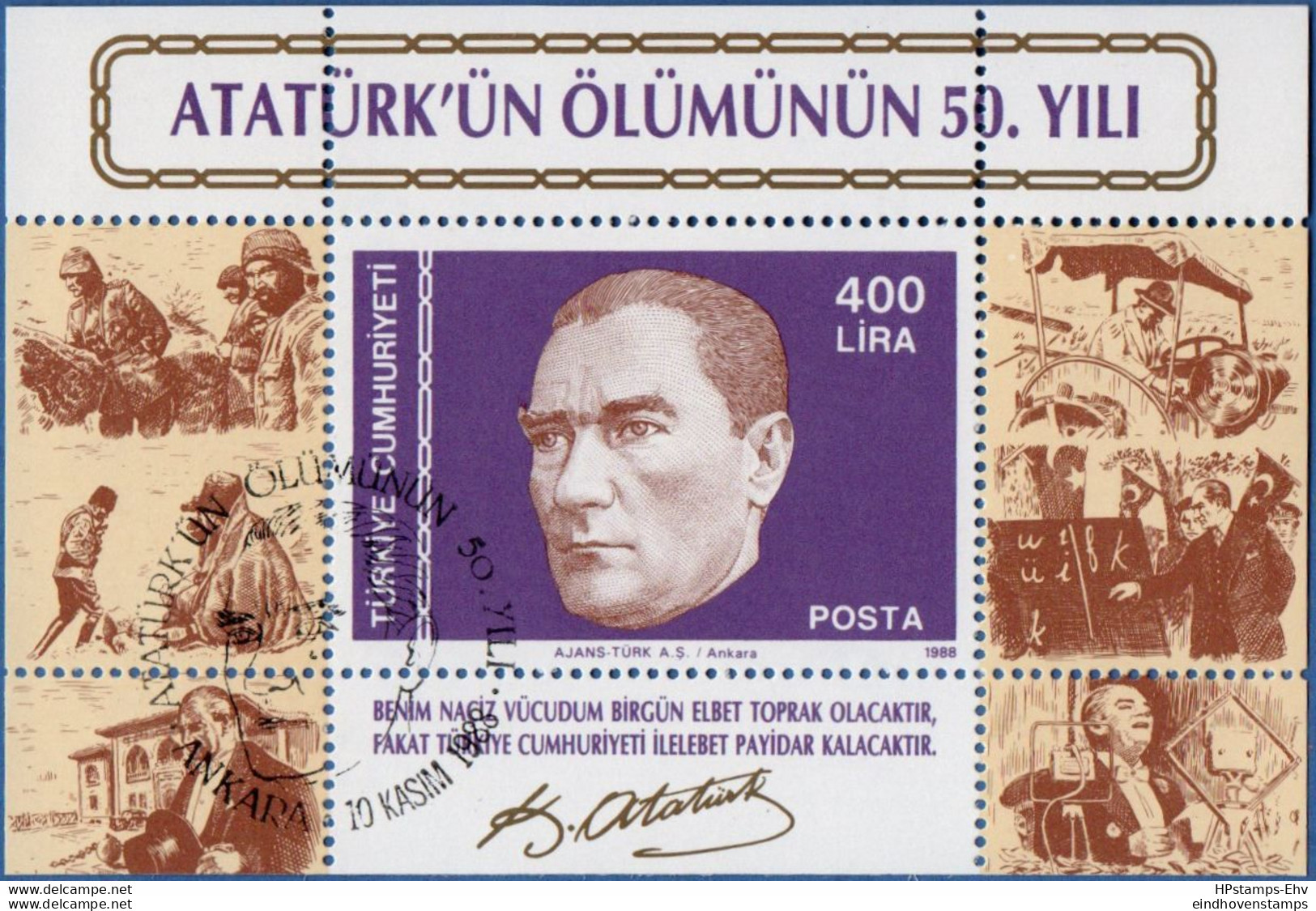 Ceskoslovakia 1988 President Atatürk 50th 50 Yr Day Of Death Block Cancelled 2011.1827 - Otros & Sin Clasificación