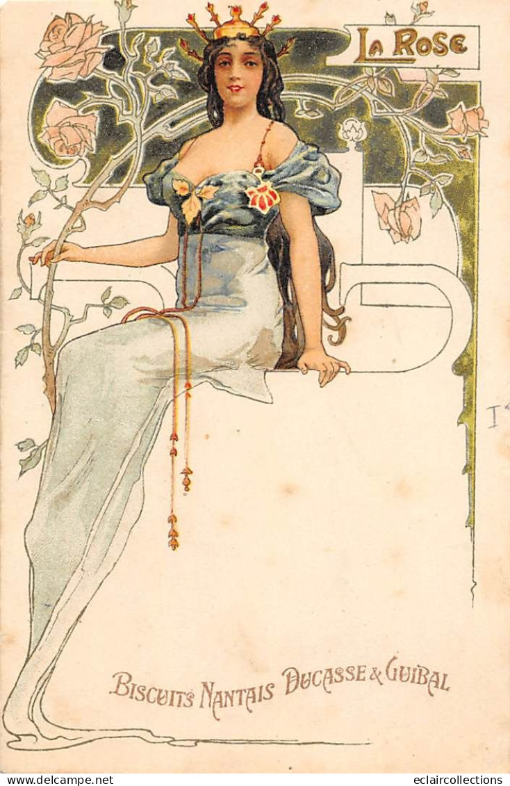 Illustrateur    Non Signé . Art Nouveau Femme A La Rose. Publicité  Biscuit Nantais Ducasse    ( Voir Scan) - 1900-1949
