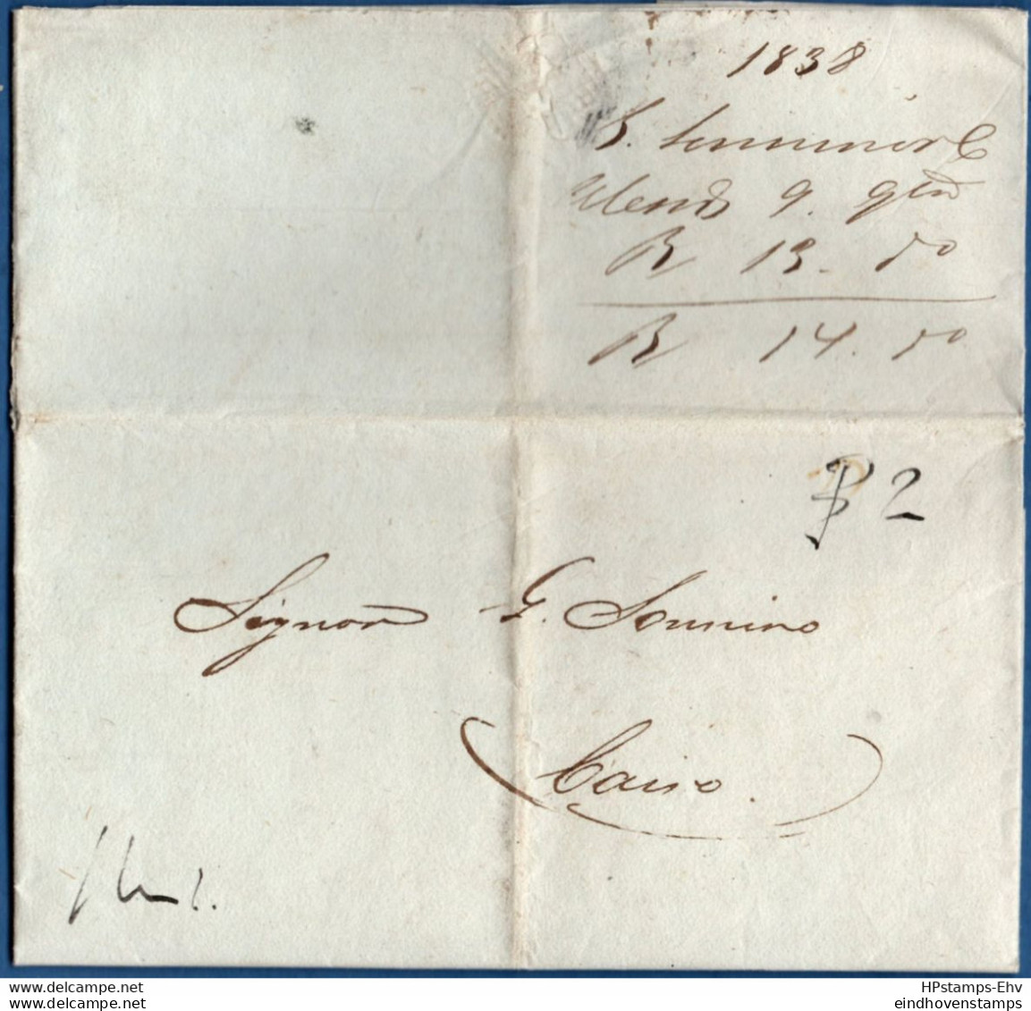 Egypt 1838, Full Letter From Aless (andria) To Cairo, Postage Due Marking "P 2" 2102.2601 Seldom Seen - Prefilatelia