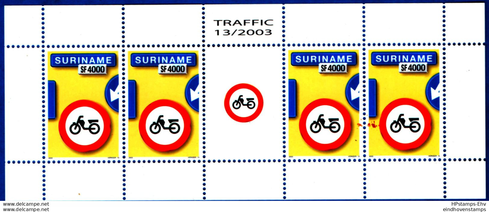 Suriname 2003 Traffic Sign Motor Bikes Not Allowed Sheetlet With Gutter MNH - Otros (Tierra)