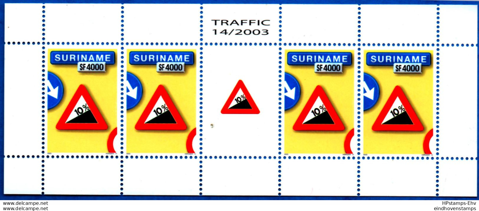 Suriname 2003 Traffic Sign Slope Warning Sheetlet With Gutter MNH - Other (Earth)