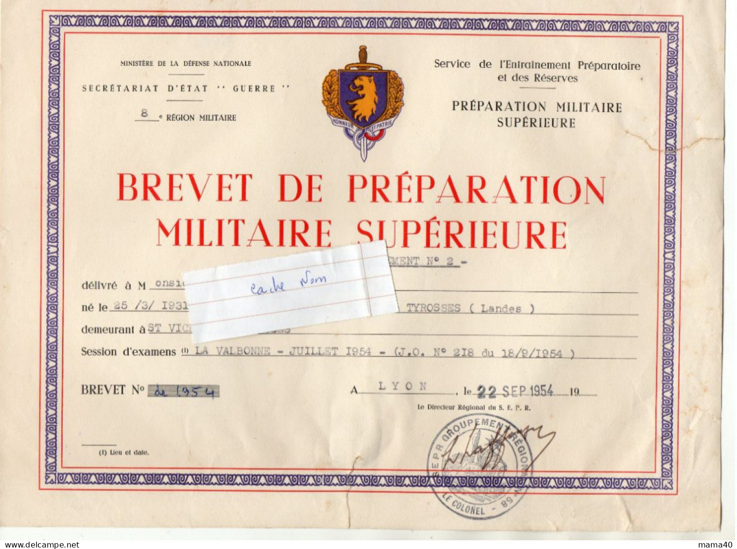 BREVET DE PREPARATION MILITAIRE SUPERIEURE - LA VALBONNE - LYON LE 22.09.1954 - Diplômes & Bulletins Scolaires