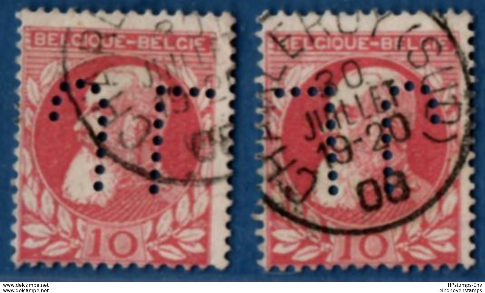 Belgium 1905, J.L. Perfin On 10 C Leopold III 2 Stamps, Positions, 2106.1903 Cancelled Charleroi - 1863-09