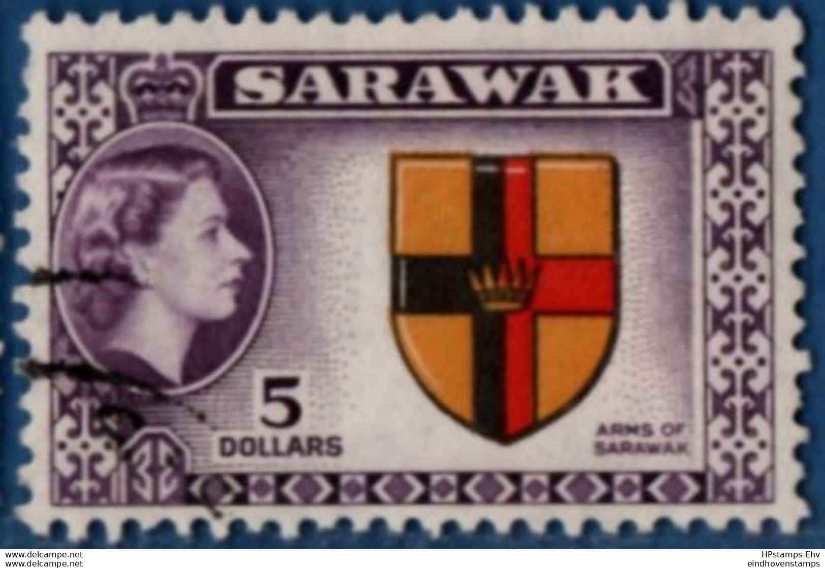 Sarawak Malaysia 1955 $ 5, Queen Elisaneth II & Country Arms 1 Stamp Cancelled 2106.0646 - Sarawak (...-1963)