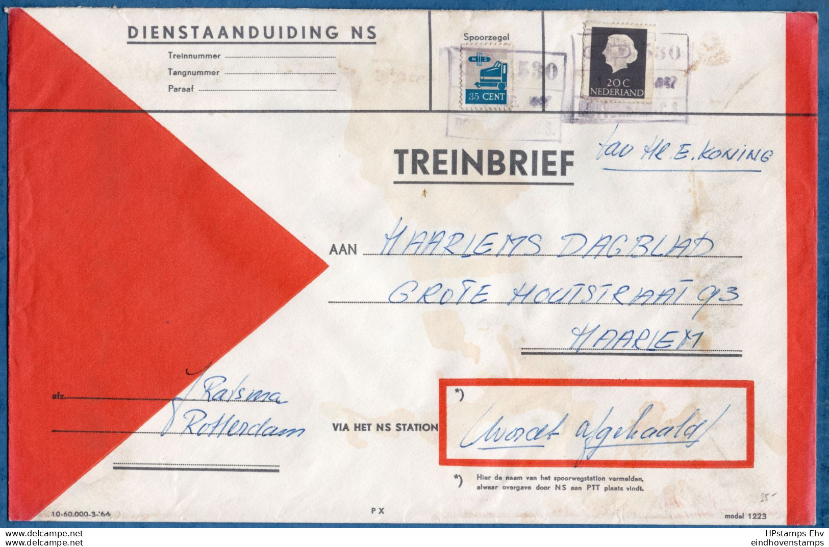 Netherlands Train Letter Rotterdam To Haarlem 1967 Franked 20 C Postage + 35 Railroad Stamp 1203.1304 Treinbrief - Covers & Documents